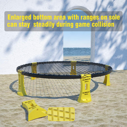 Mooki's Blinngoball Roundnet game for families spiderball set includes game net, 2 balls, drawstring bag, ball pump with 1 needle, and manual.