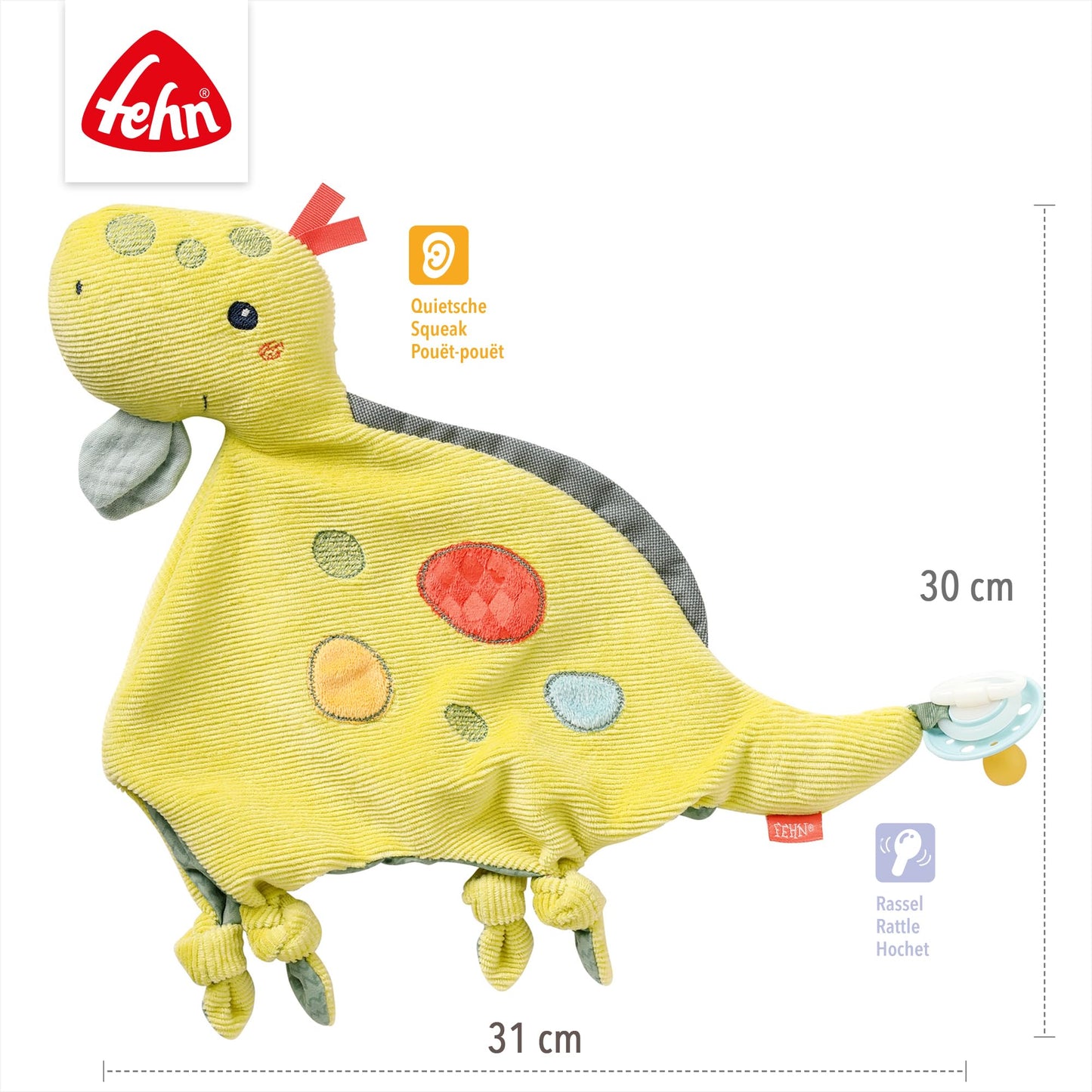 Fehn Cuddly blankie Baby Toy Dino - Snuggle cloth for newborns - Cuddly toy with rattle & squeaker - Sleep aid hand puppet - Cuddly blanket sleep animal for babies and toddlers from 0+ months