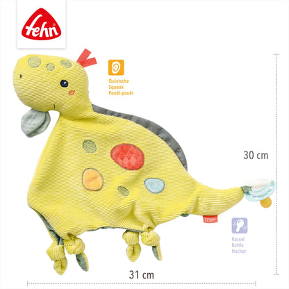 Fehn Cuddly blankie Baby Toy Dino - Snuggle cloth for newborns - Cuddly toy with rattle & squeaker - Sleep aid hand puppet - Cuddly blanket sleep animal for babies and toddlers from 0+ months