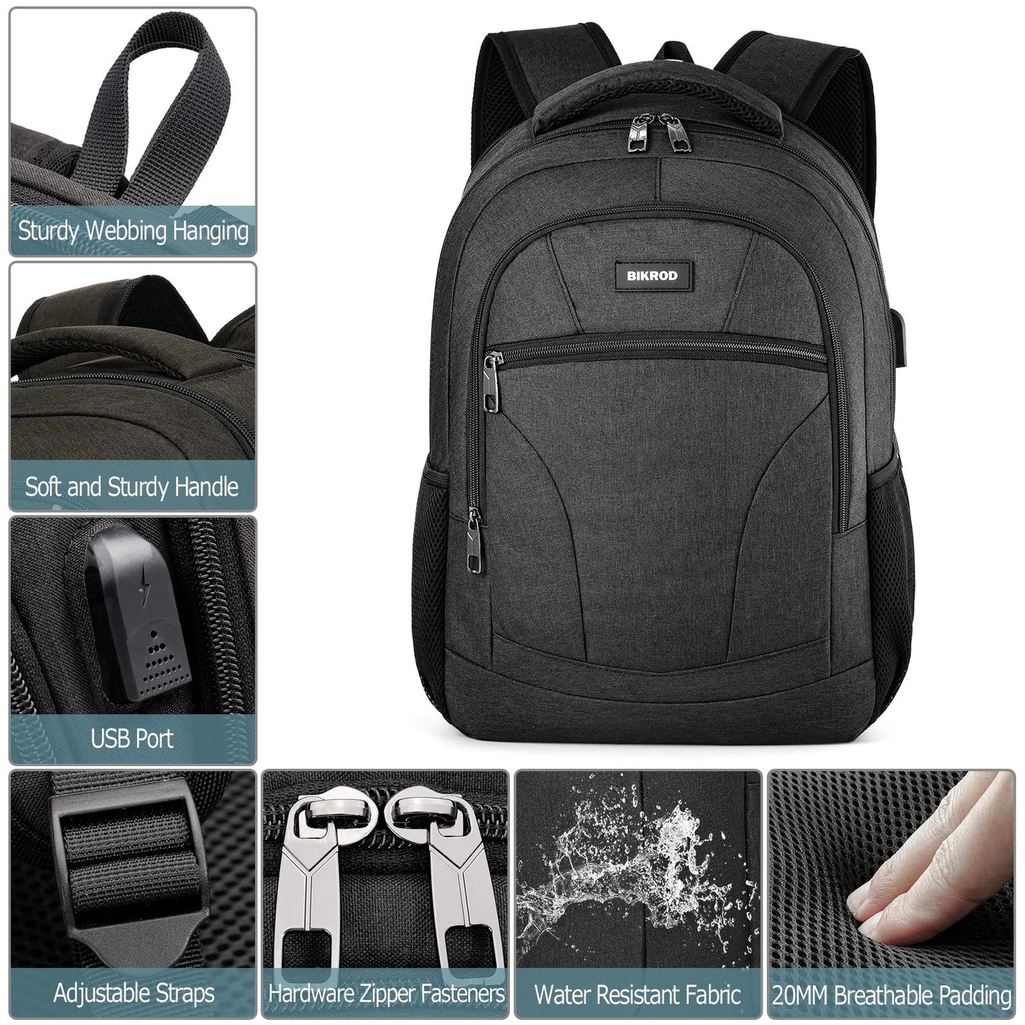 BIKROD backpack for men, school backpack for teenage boys, 15.6 inch laptop work daypack with USB charging port for business, hiking, travel, camping school bag, black