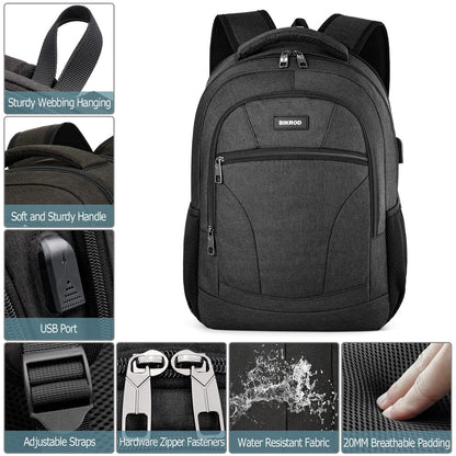 BIKROD backpack for men, school backpack for teenage boys, 15.6 inch laptop work daypack with USB charging port for business, hiking, travel, camping school bag, black