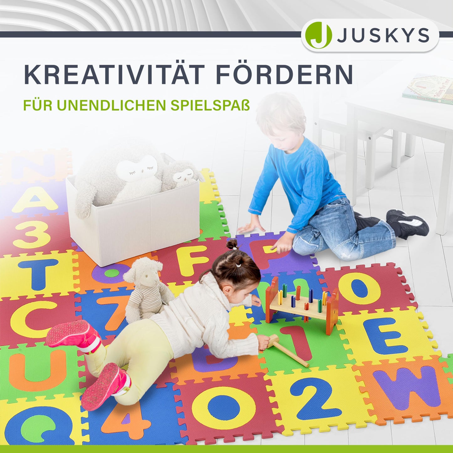 Juskys Kids puzzle mat Kim 36 pieces with letters A-Z & numbers 0-9 - non-slip & wipeable puzzle from 10 months - Eva foam - play mat
