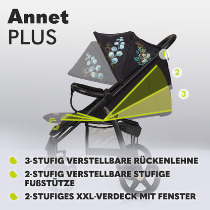 LIONELO Annet Plus stroller up to 22 kg with adjustable backrest, compact fold with accessories, EVA foam wheels, mosquito net, footmuff, cup holder, basket