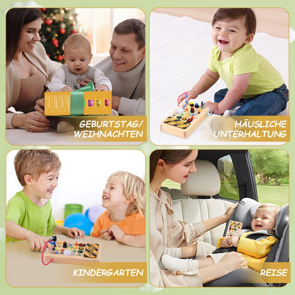 YIKANWEN Montessori Busy Board Toy for 1 2 3 Year olds, wooden toy with music and 10 LED light switch sensory learning toy for babies toddlers boys girls aged 1 2 3 4 years