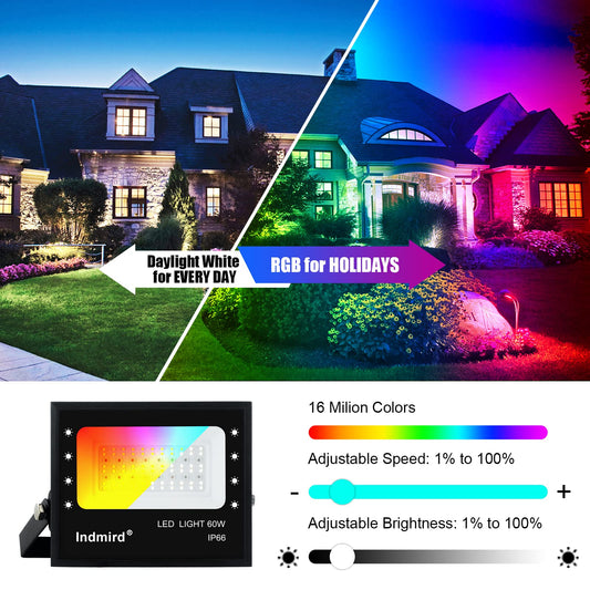 Indoor RGB floodlight 60W RGB LED floodlight Outdoor with Bluetooth APP control IP66 waterproof 6500K Outdoor floodlight Smart RGBW color changeable Dimmable floodlight Mood lighting for garden party stages