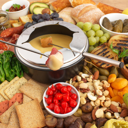 Petra 2-in-1 Raclette & Fondue, Large Teppanyaki Grill for 8 people, Smokeless Electric Grill, 1.3l Fondue pot with skewers, Includes wooden spatulas and sliders, for social evenings