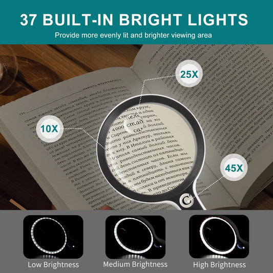 Large magnifying glass with 37 LED light and storage case, 10X 20X 45X reading magnifier handheld magnifier with 3 light modes, storage pouch, cleaning cloth for seniors, reading coins, inspection, hobbies.