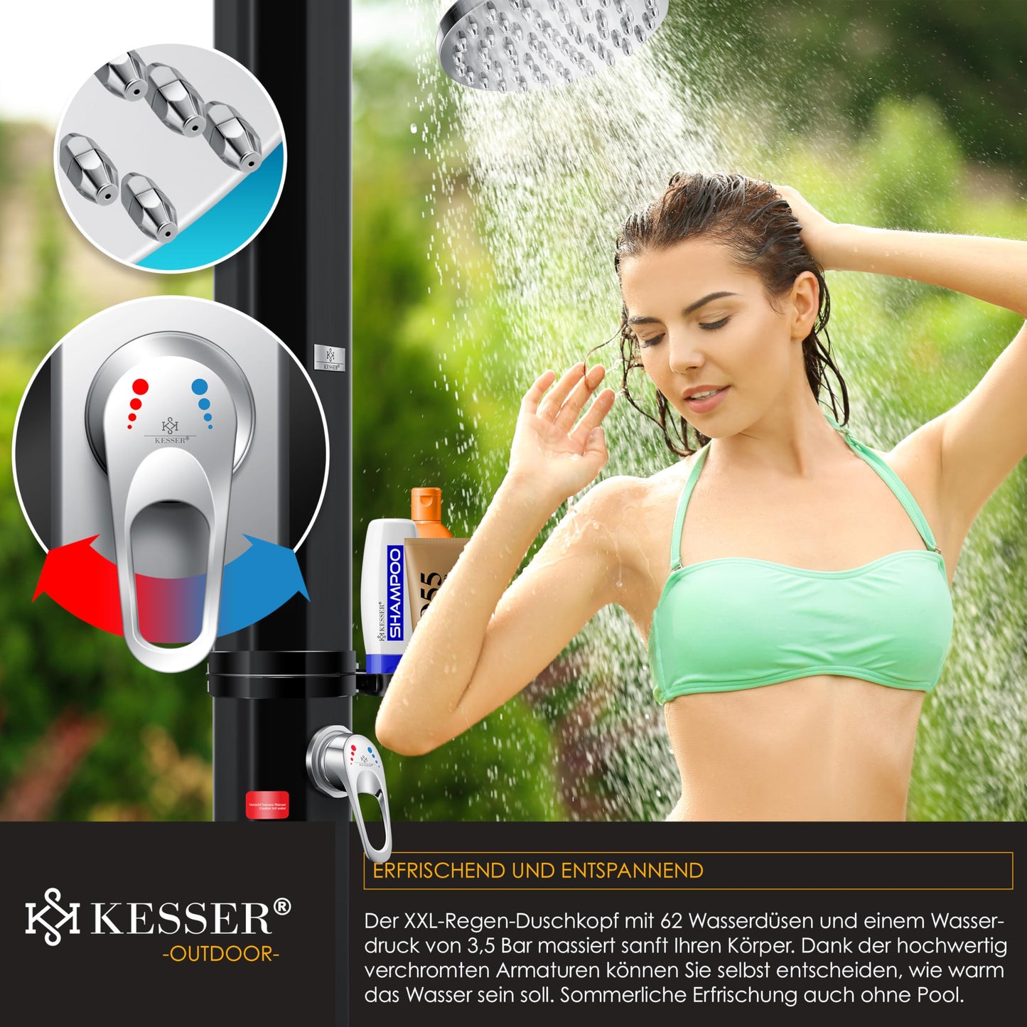 KESSER® 40-liter solar garden shower with metal shower tray & cover | warm water | max. 60°C | no need for electricity | poolside shower for camping | rain shower head and water tap | Black