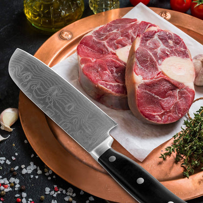 HUIKAILI Knife Set, Professional Stainless Steel Kitchen Knife Set, Sharp, Non-Slip, Frosted Handle, with Chef's Knife, Knife Sharpener, 2 Santoku Knives, and Paring Knife