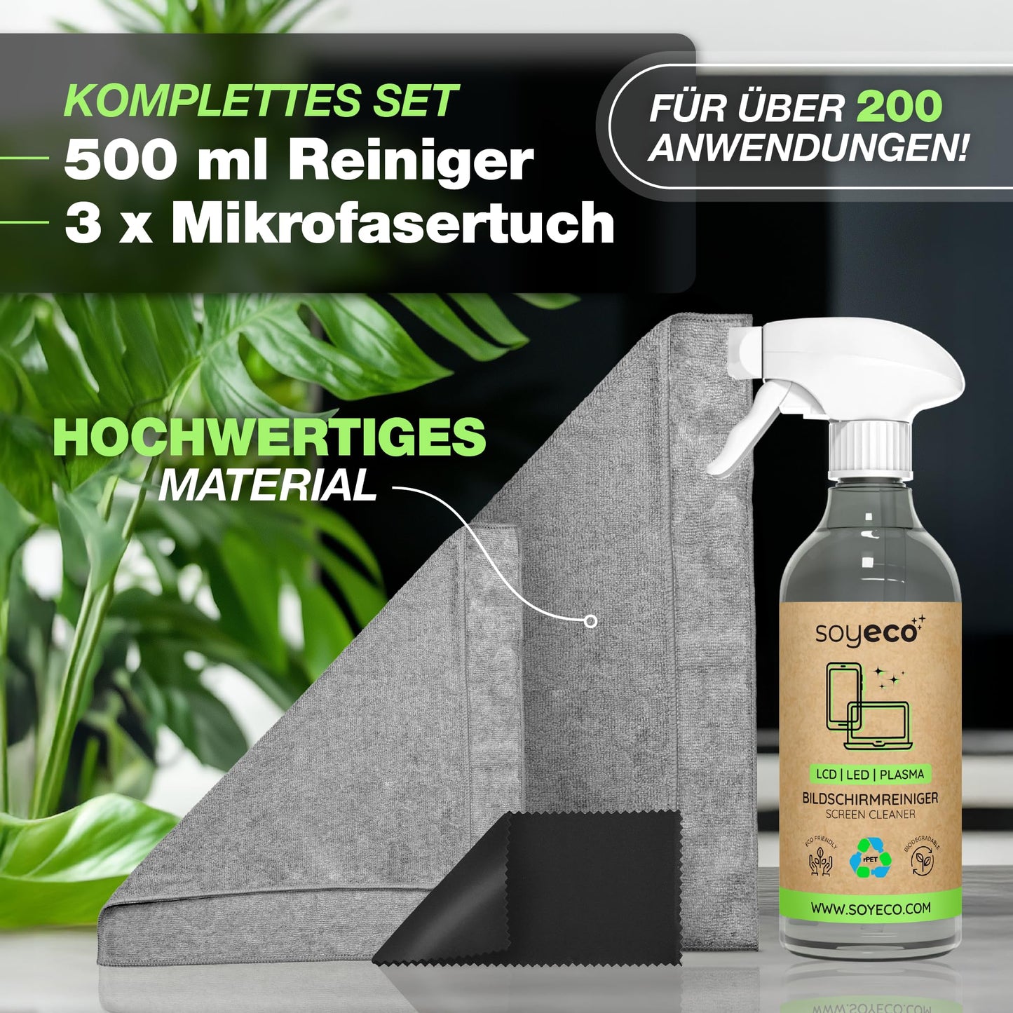 500ml screen cleaning spray + 3X microfiber cloth: 40x40cm, 30x30cm, | Cleaning fluid | For smartphone, laptop, tablet, TV, LCD/TFT, LED, OLED, monitors, watches | No streaking