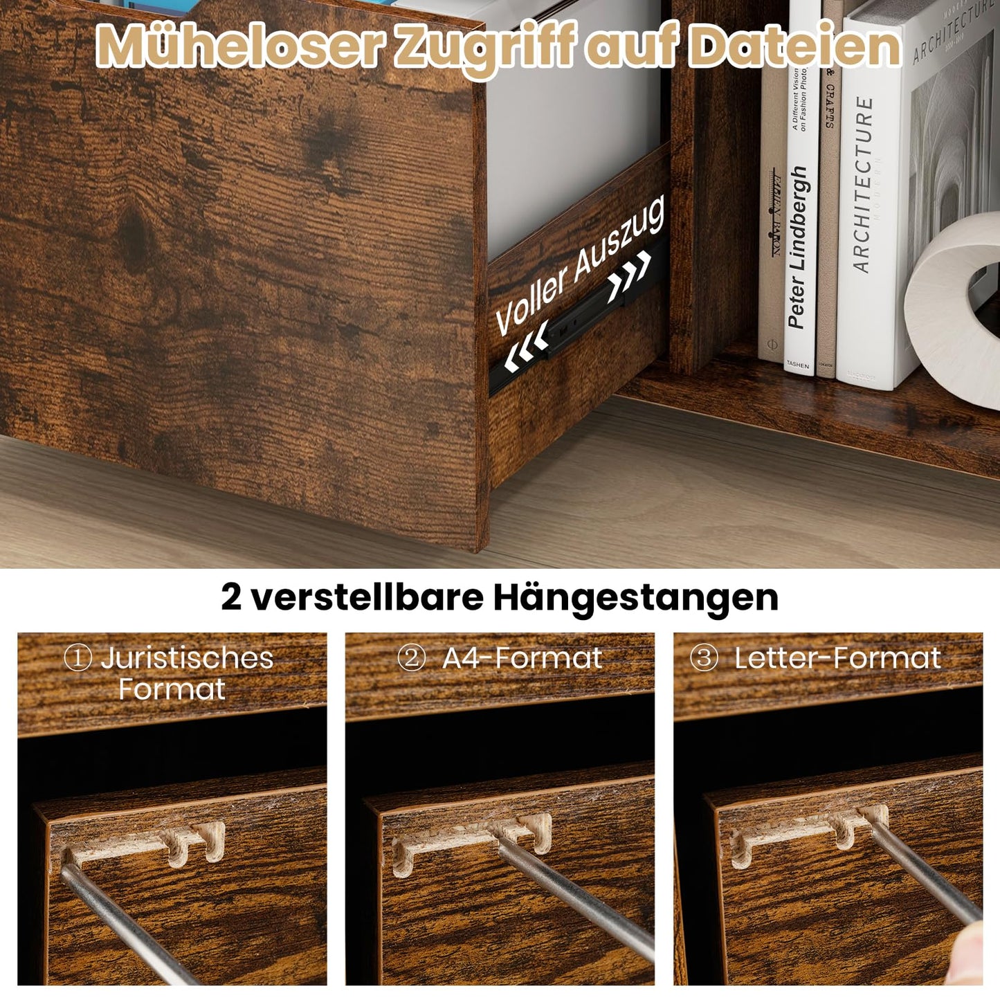 GOPLUS rolling file cabinet, mobile filing cabinet with 5 wheels, 3 drawers, and 2 open compartments, side cabinet printer stand for documents in A4, letter, & legal size (Rustic Brown)