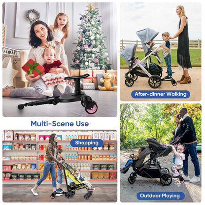 Buggy Board with Seat, FNRIDS Stroller Ride On Board Universal, with Hanging Strap, stable Two Wheel Design, 360 degree rotation, Stroller Accessory for children aged 2 to 6 years (25 kg) (Pink)