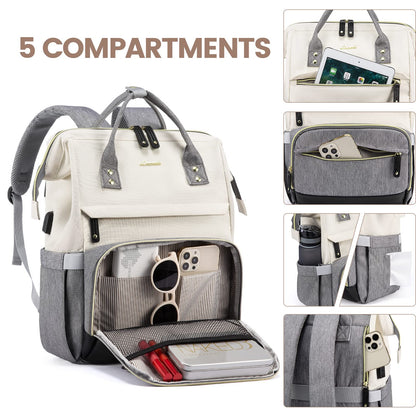 LOVEVOOK laptop backpack for women with 15.6 inch laptop compartment, suitable for girls, teenagers, and college students. This waterproof backpack is perfect for school, travel, university, business, and work in beige and gray.