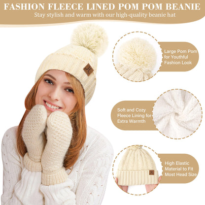 Comfortable charging women's winter warm beanie hat touchscreen gloves long scarf set with fleece lining, thermal winter hat pom pom beanies scarves winter gloves women's gift, apricot
