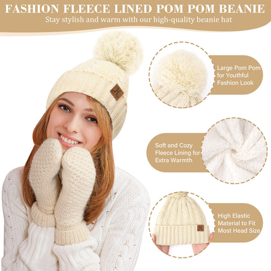 Comfortable charging women's winter warm beanie hat touchscreen gloves long scarf set with fleece lining, thermal winter hat pom pom beanies scarves winter gloves women's gift, apricot