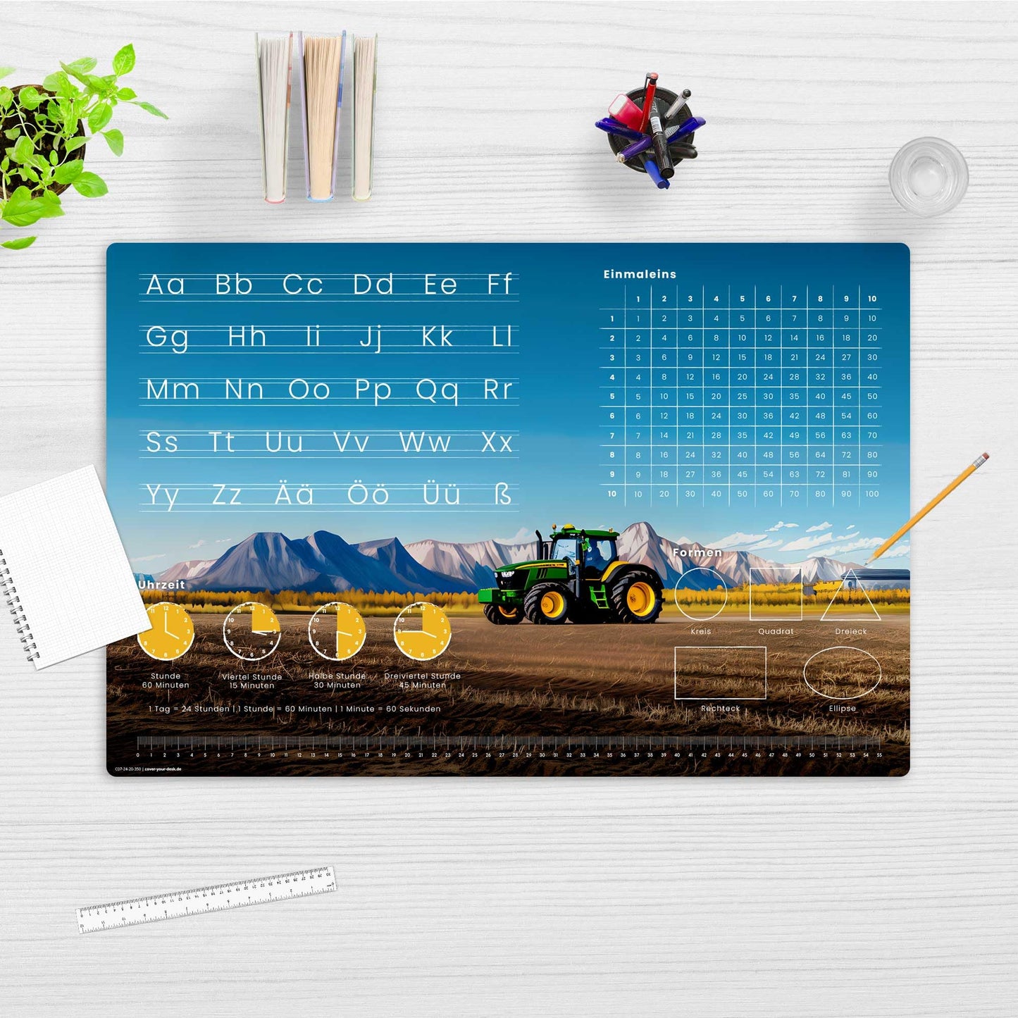 Desk pad for children - learning pad for starting school in various designs - ABC, times tables, clock - 60 x 40 cm - made of wipeable vinyl - Made in Germany (tractor design)
