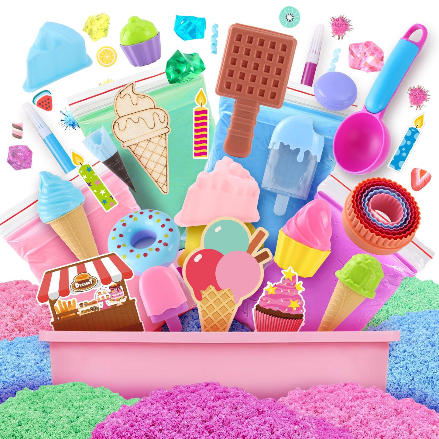 Toyssa Ice Cream Parlor Play Sand Sand Toys Ice Magic Sand Kit with 900g Kinetic Sand Cake Mold Play Money Ice Cream Toy for Kids, Play Sand Set Magic Sand Gift for Kids Girls 3 4 5 6 7 8 Years
