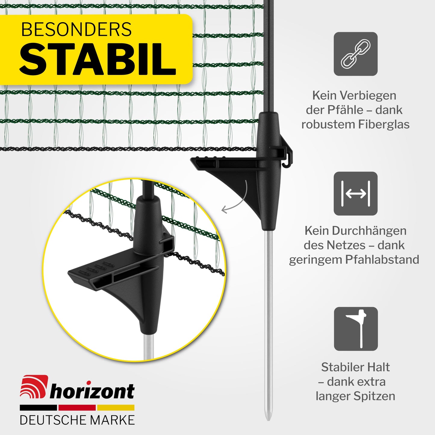 Horizontal boundary fence FIX, mobile fence 25m long, 120cm high, perfect for large pets, dog fence, camping, garden net, including 15 poles, barrier fence, snap-on fence, running area for dogs.