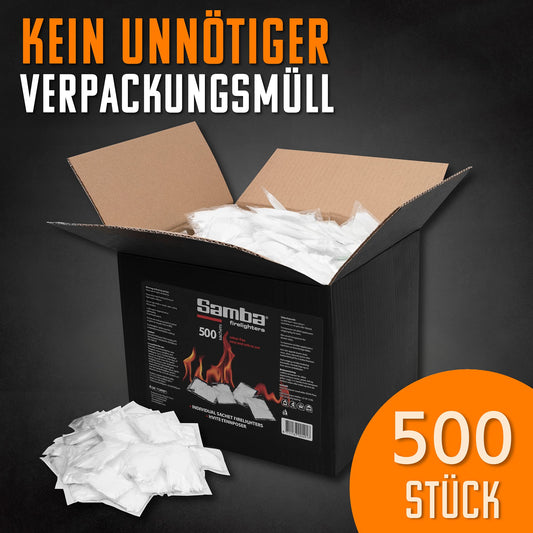 Firelighters, stove lighters, grill lighters made of paraffin [500 ignition bags] - Premium fire igniter, fire cushions, firestarter, ignition bags, ignition aid fire bag.