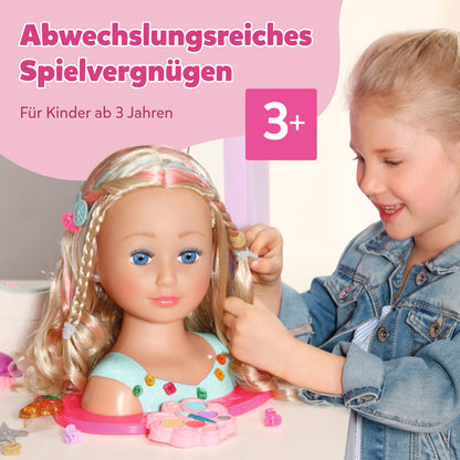 BABY Born Princess Styling Head, doll styling head for kids with long blonde hair including makeup palette, brush, and styling accessories, makeup for doll and kids' skin, 835432 Zapf Creation