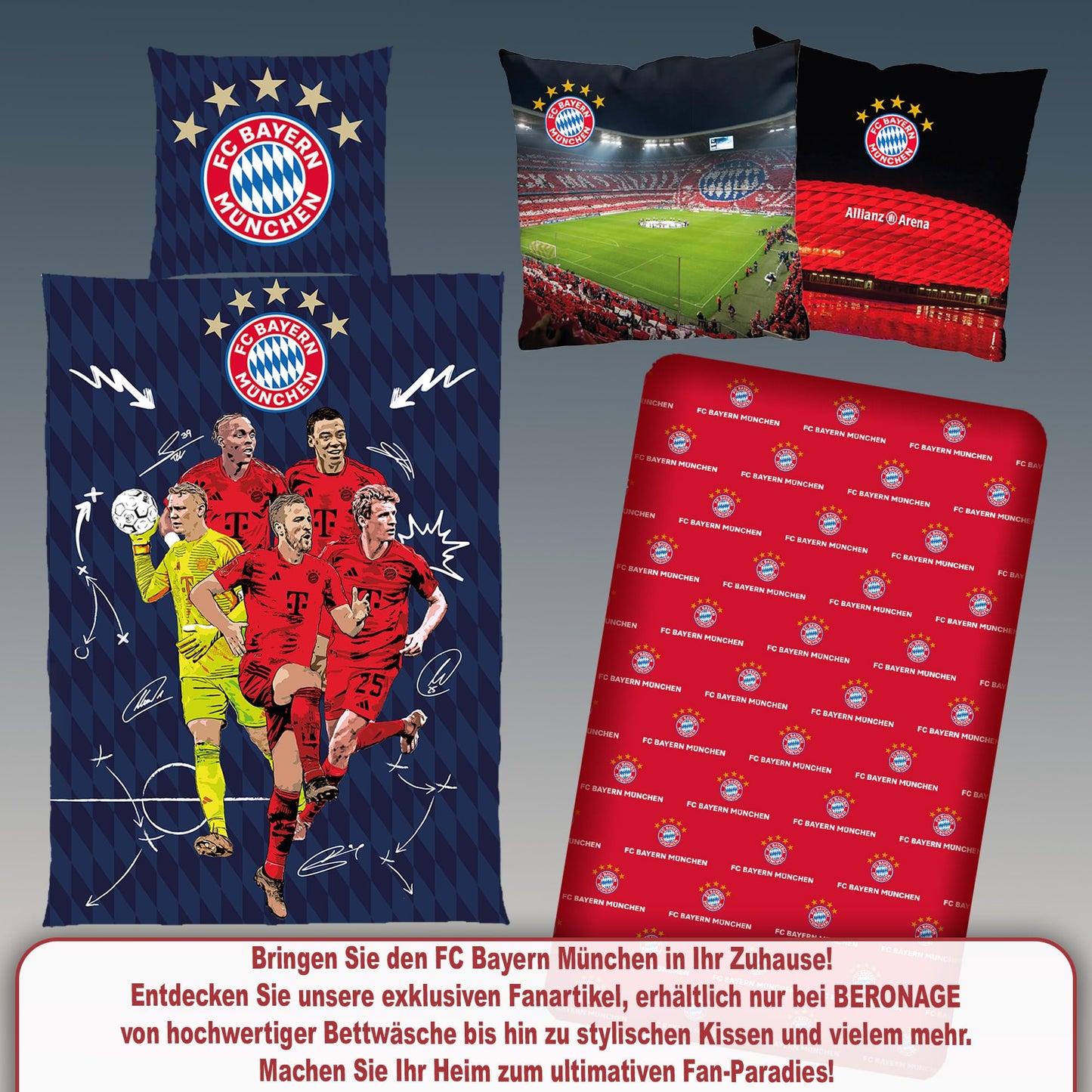 FC Bayern Munich bedding Player 135x200 cm + 80x80 cm 100% cotton flannel record champions Harry Kane, Musiala, Müller Allianz Arena football FCB German size zipper