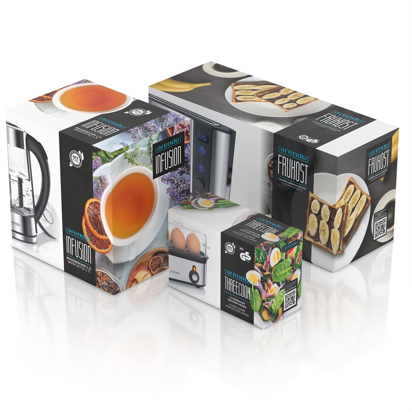 Arendo - Kettle with Toaster SET, Stainless Steel Glass Kettle with Tea Infuser + Temperature Control 1.7 L - Stainless Steel 2 Slice Long Slot Toaster Stainless Steel Egg Cooker for 1-3 Eggs
