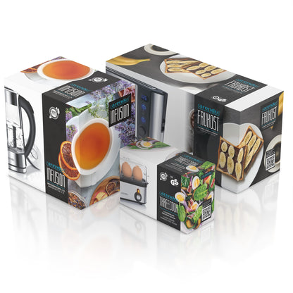 Arendo - Kettle with Toaster SET, Stainless Steel Glass Kettle with Tea Infuser + Temperature Control 1.7 L - Stainless Steel 2 Slice Long Slot Toaster Stainless Steel Egg Cooker for 1-3 Eggs