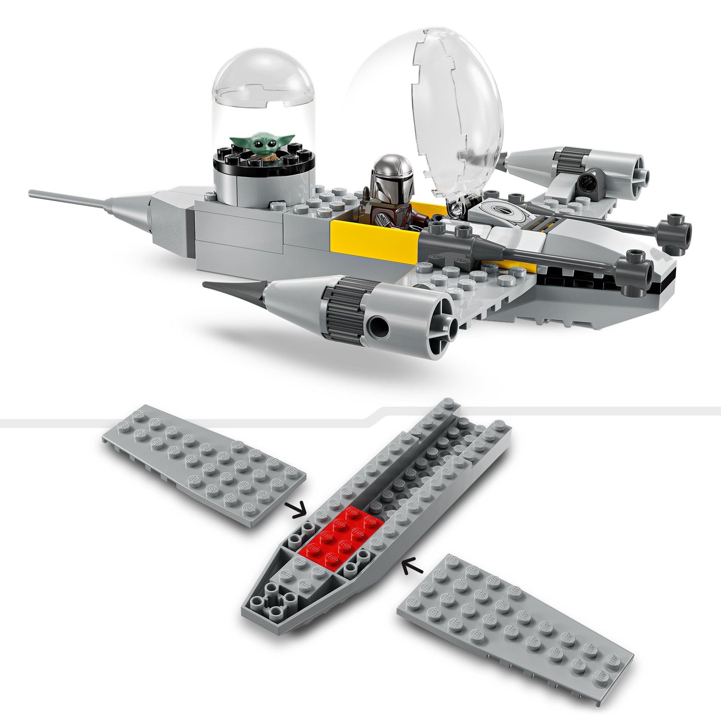 LEGO Star Wars 75410 Mandos and Grogu's N-1 Starfighter Toy featuring The Mandalorian, Grogu & R5-D4 Minifigures, including buildable fuel station, starship starter set for boys and girls aged 4 and up.