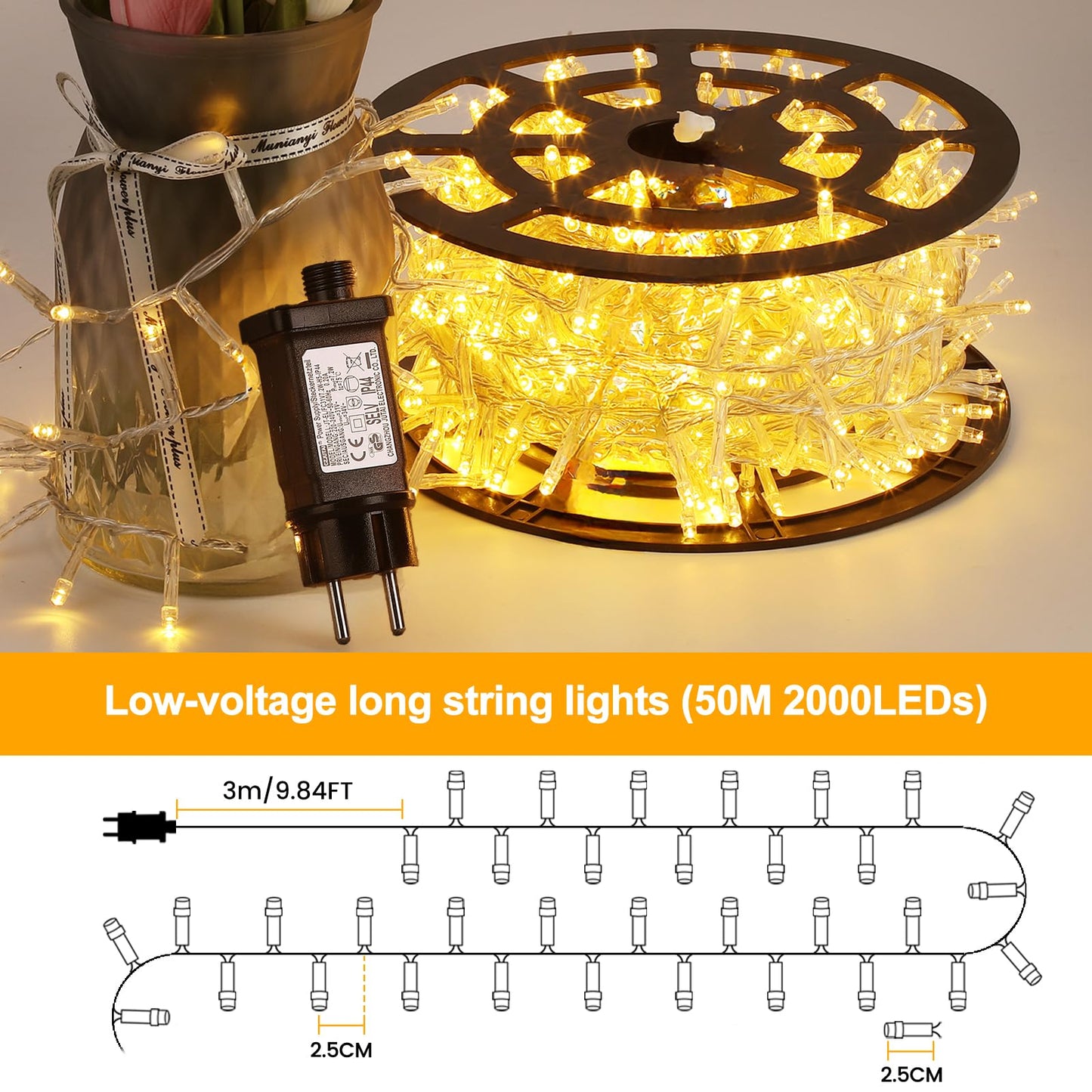 Elegear 2000 LEDs String Lights Outdoor 50M Christmas Lights Powered by Electricity Christmas Decor 8 Modes Warm White LED String Lights for Indoor Outdoor New Year Christmas Tree Party Hotel Garden Wedding