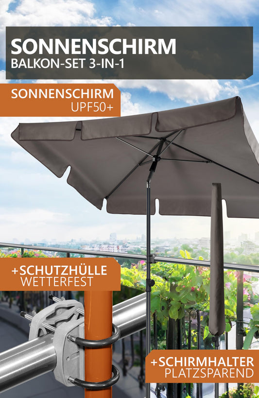 4smile balcony umbrella SunnyShade Plus, Sun protection balcony SET 3-in-1, Taupe - UV50+ rectangular umbrella 200 x 125 cm + umbrella holder balcony railing + umbrella cover.