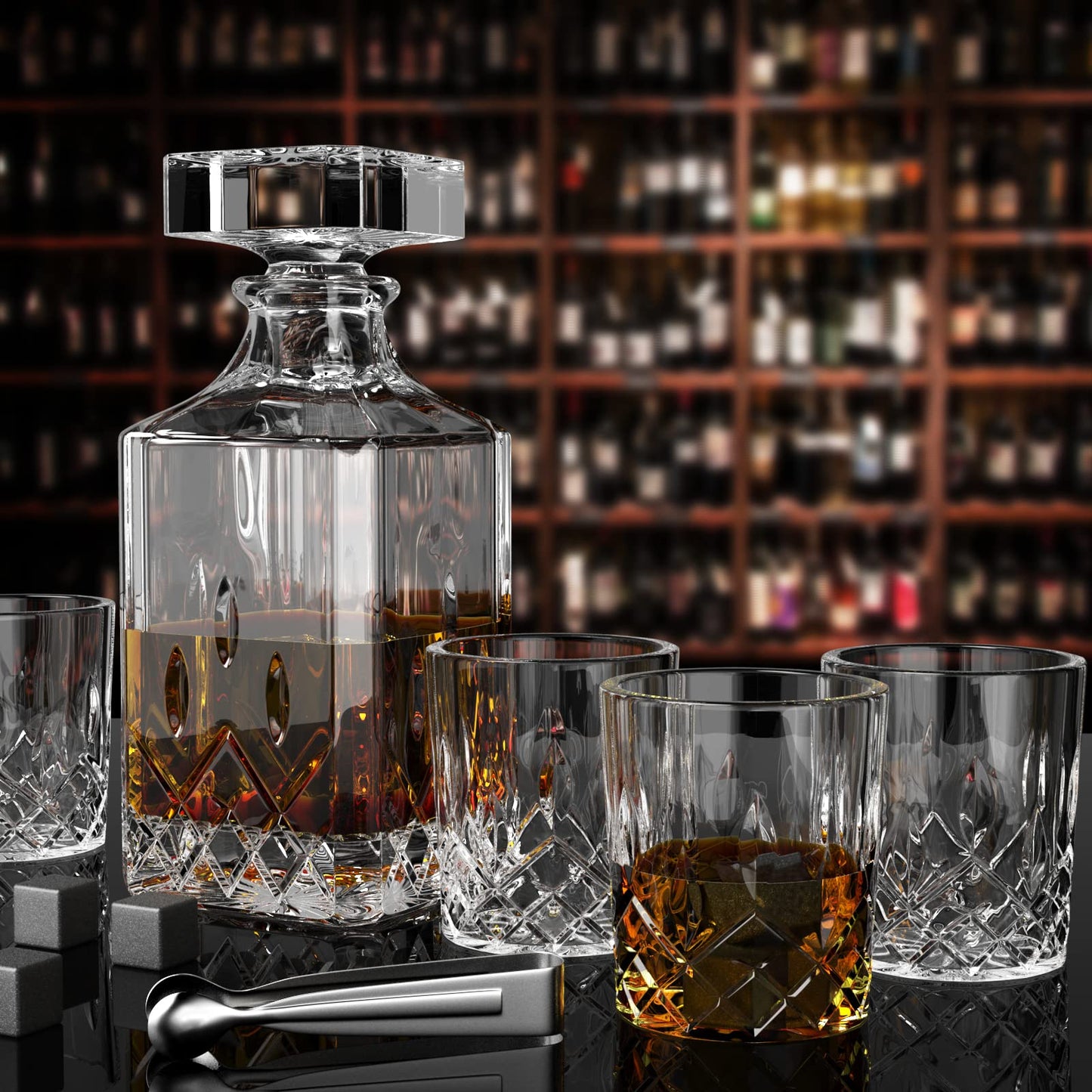 Cieex Whiskey Decanter Set, 750ml decanter with 4 x 220ml whiskey glasses, 12 stones, beautiful gift box. Father's Day gift for men. Transparent.