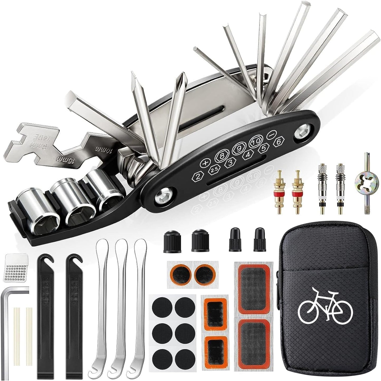 URBZUE Bike Repair Kit, 16-in-1 tool set for bicycle multitool kit. Multi-functional tool for mountain bike without bike symbol. Reflective strips included.
