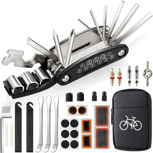 URBZUE Bike Repair Kit, 16-in-1 tool set for bicycle multitool kit. Multi-functional tool for mountain bike without bike symbol. Reflective strips included.