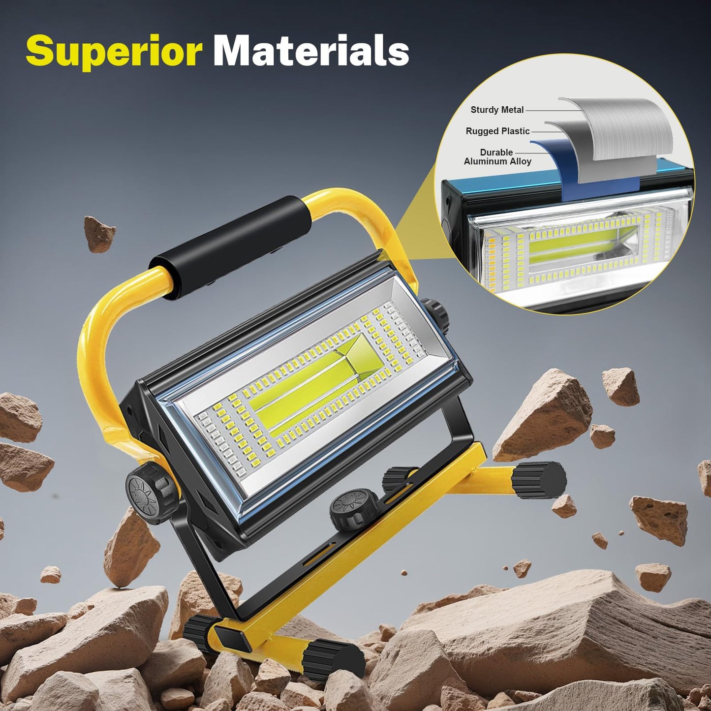 SYLSTAR LED construction spotlight with battery, 80W 7000 lumens LED spotlight with battery work light with 6 modes, portable work spotlight for workshop construction site garage camping outdoor lighting