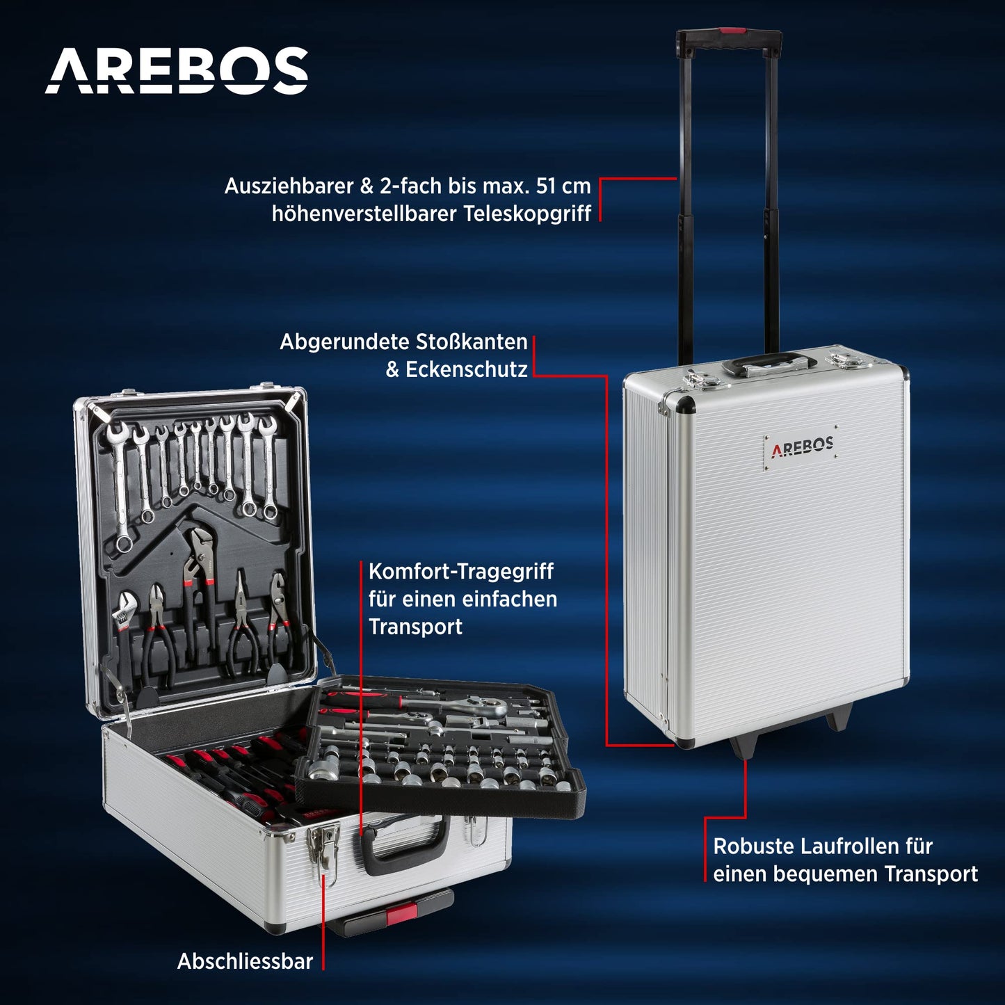 Arebos aluminum tool box filled | Tool set 1200 pieces | Rolling suitcase carrying case | Tool bag for household, garage & workshop | Tool box with 4 compartments & telescopic handle | Silver