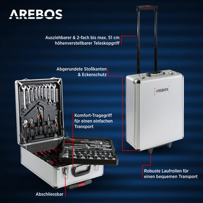 Arebos aluminum tool box filled | Tool set 1200 pieces | Rolling suitcase carrying case | Tool bag for household, garage & workshop | Tool box with 4 compartments & telescopic handle | Silver