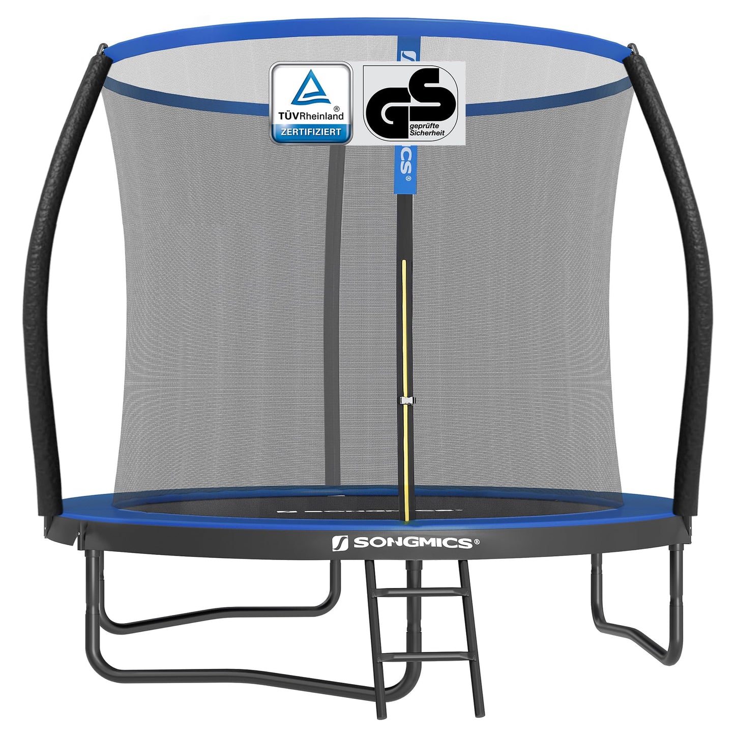 SONGMICS 244 cm dia. Trampoline, garden trampoline for kids with safety net, 180 cm tall curved poles, padding, ladder, steel frame, black-blue STR8BK.