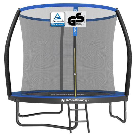 SONGMICS 244 cm dia. Trampoline, garden trampoline for kids with safety net, 180 cm tall curved poles, padding, ladder, steel frame, black-blue STR8BK.