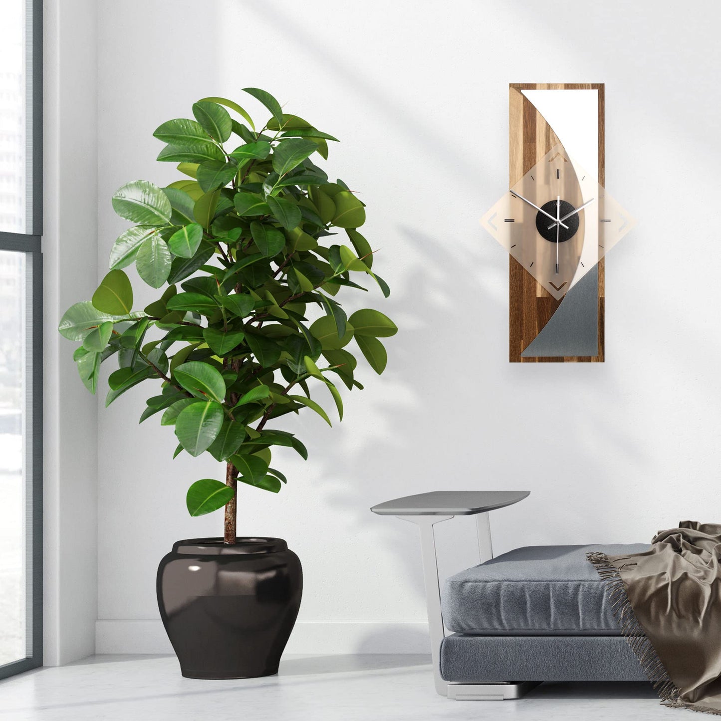 Creative Feather Designer WALL CLOCK "Silvermoon" made of smoked oak wood with a modern metallic look (silent quartz movement, smoked oak)