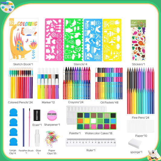 TCJJ 208Pcs Dinosaur Painting Set for Kids, Boys Art Kit with Dinosaur Coloring Book, Oil Pastels, Colored Pencils, Crayons, Art Case for Kids, Dinosaur Gifts for Boys Ages 3-12.