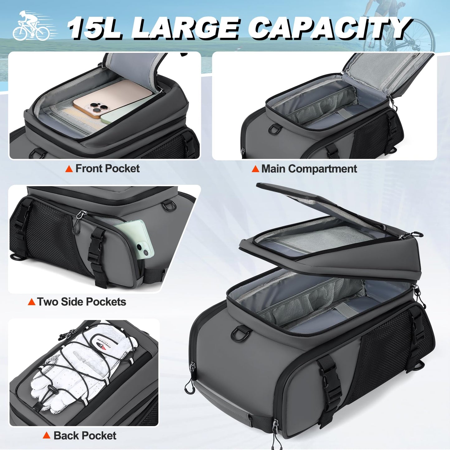 RAINSMORE 3 IN 1 Bike Bags for Rack 15L Waterproof & Reflective Bicycle Rear Rack Bag with Rain Cover Gray