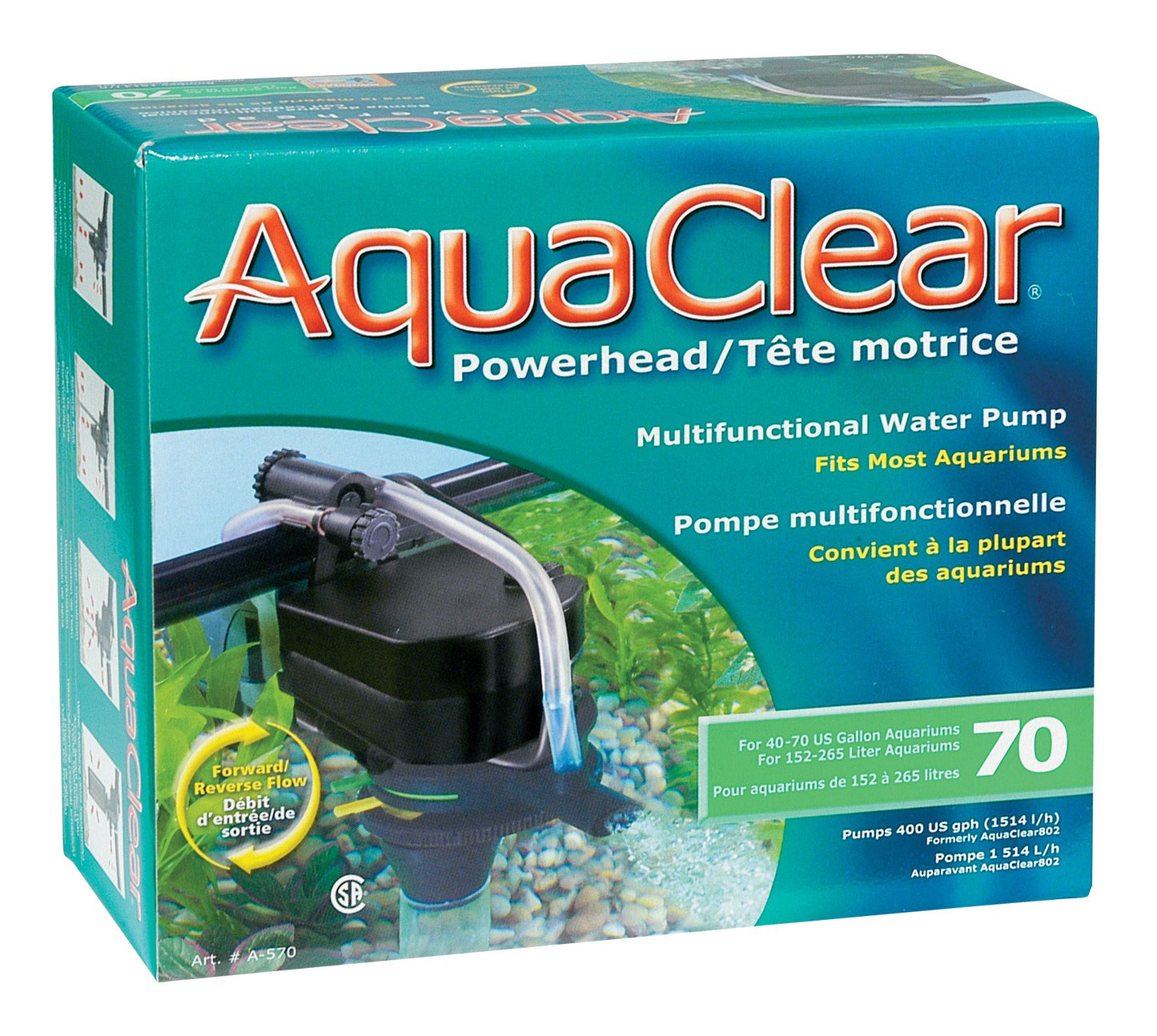 AquaClear A570 Powerhead 70 can be used as a bottom, quick, or bio filter, as well as a circulation pump, for aquariums ranging from 152L to 265L, with 21W.