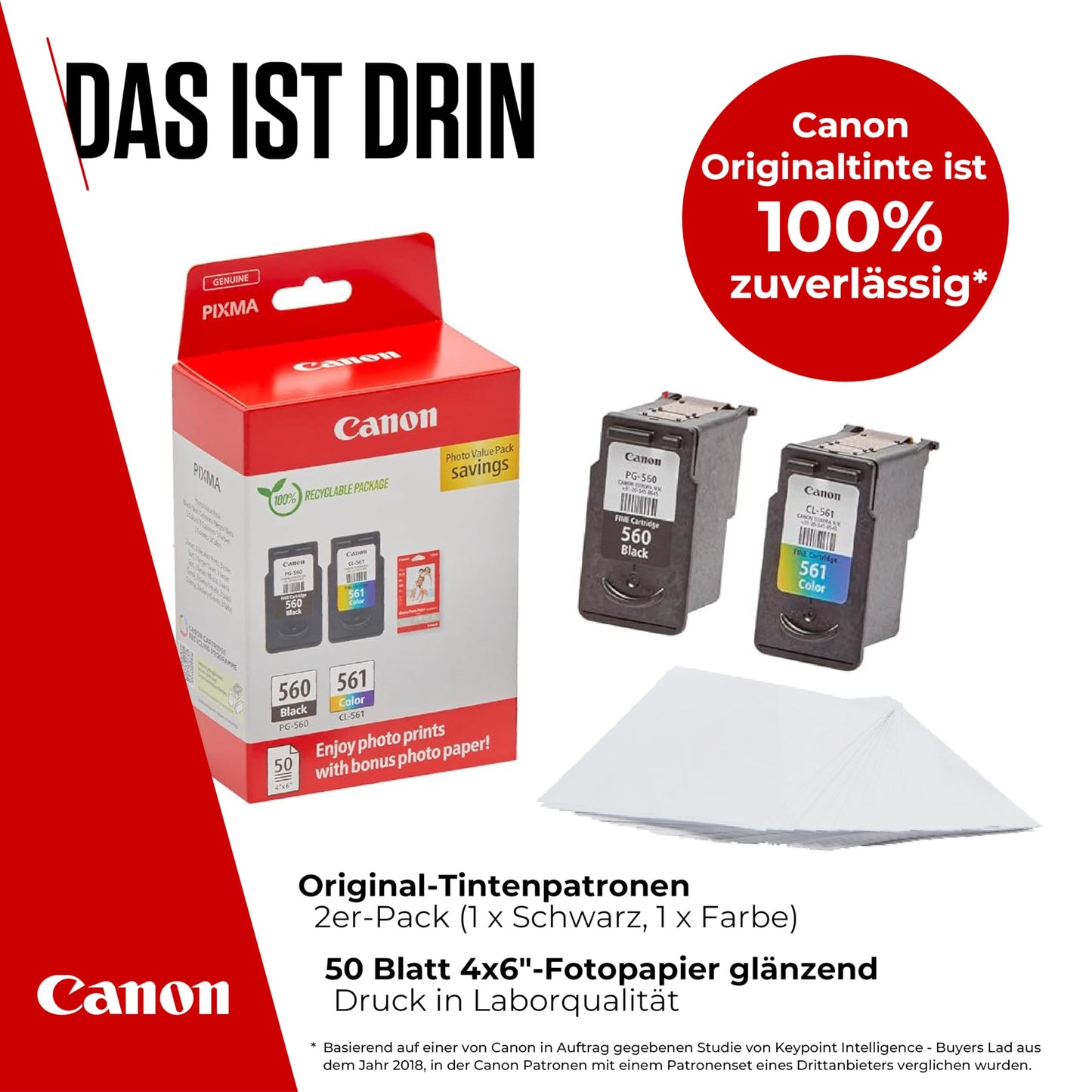 Canon Ink & Paper Multipack - PG-560/CL-561 Original Printer Ink Cartridges 2-Pack (1 x Black, 1 x Color) & 4x6 Photo Paper (50 Sheets)