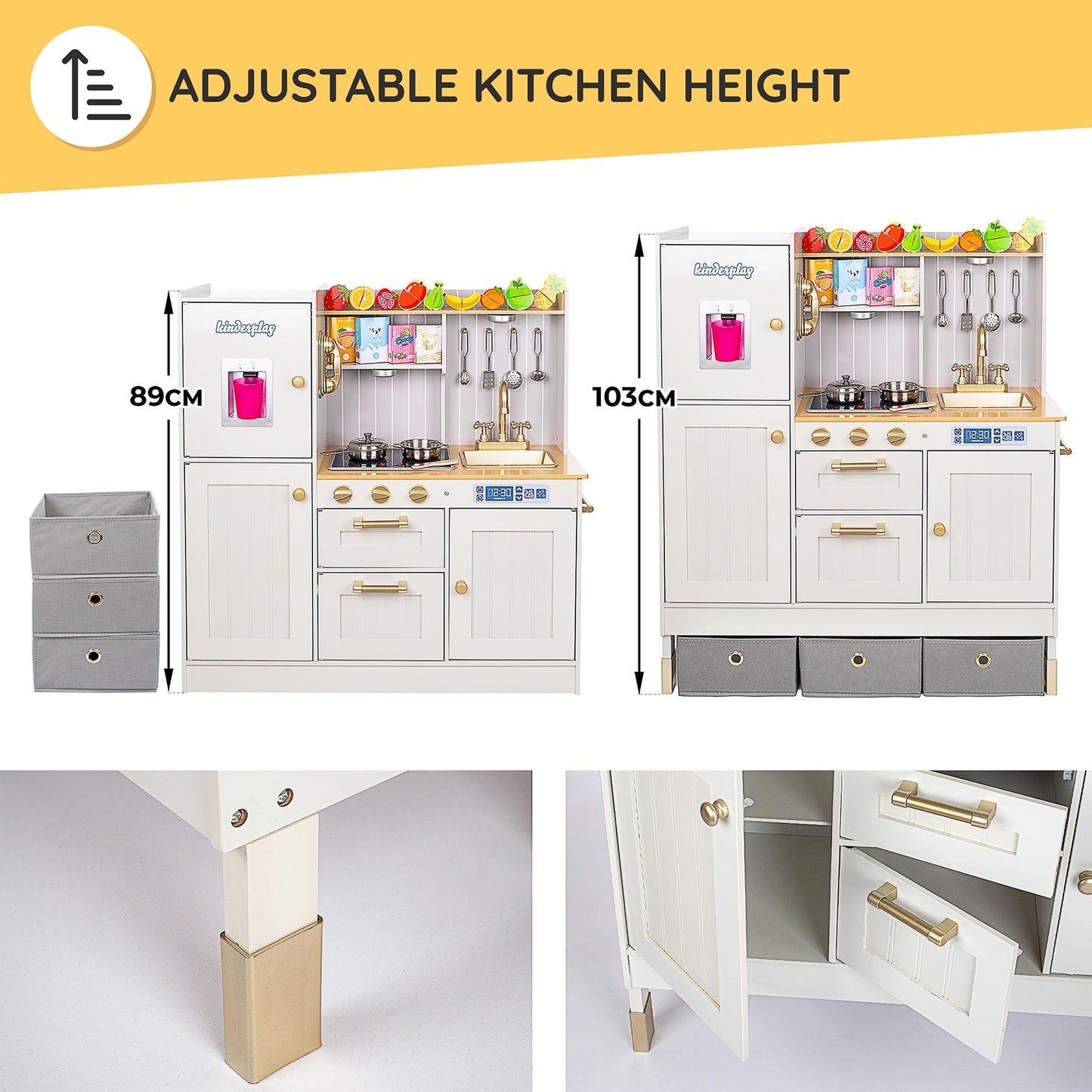 Children's Play Green Series wooden kitchen - Adjustable height play kitchen 89-103 cm - LED light & cooking sounds - With accessories, water dispenser, oven - For children aged 3 years and above