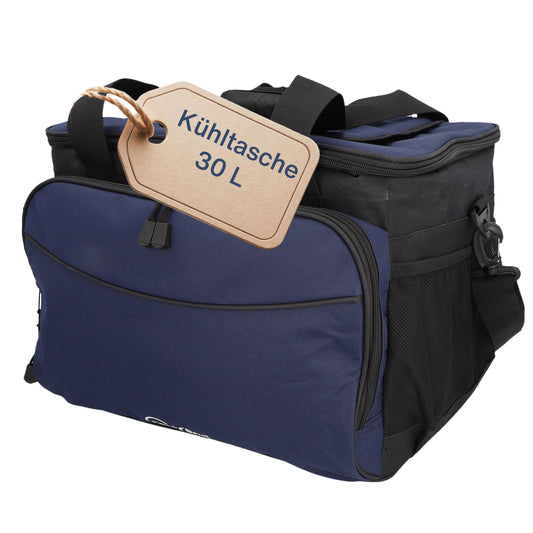 Cartrend cooler bag 30 L, with 12V car connection cable 1.50 m long, Adjustable shoulder strap, large front pocket with zipper and 2 side nets, Easy-care interior coating.