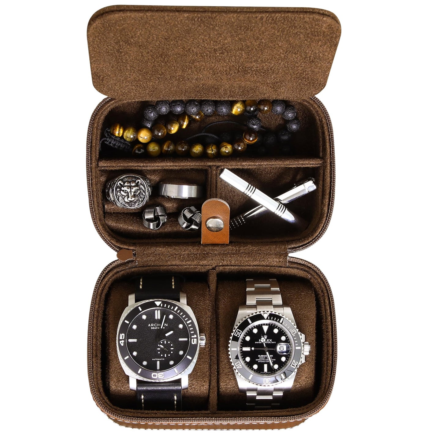 ROTHWELL 2 Watch Travel Case Storage Organizer for 2 Watches | Durable portable protection with zipper for all wristwatches and smartwatches up to 50mm (Tan/Brown)