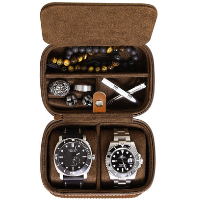 ROTHWELL 2 Watch Travel Case Storage Organizer for 2 Watches | Durable portable protection with zipper for all wristwatches and smartwatches up to 50mm (Tan/Brown)