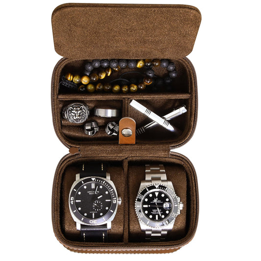 ROTHWELL 2 Watch Travel Case Storage Organizer for 2 Watches | Durable portable protection with zipper for all wristwatches and smartwatches up to 50mm (Tan/Brown)