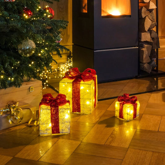 LED gift boxes with timer set of 3 - RED - Christmas decorative boxes illuminated in warm white - Christmas Advent winter tree decoration lighting battery operated