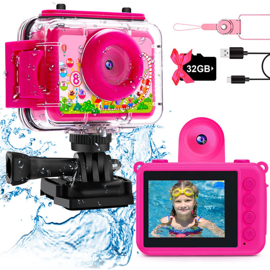 GKTZ Gift for Girls 3-12 years old, Kids Camera waterproof with 32GB SD card, 20MP & 1080P HD Selfie Digital Camera for Kids, Children's Underwater Camera